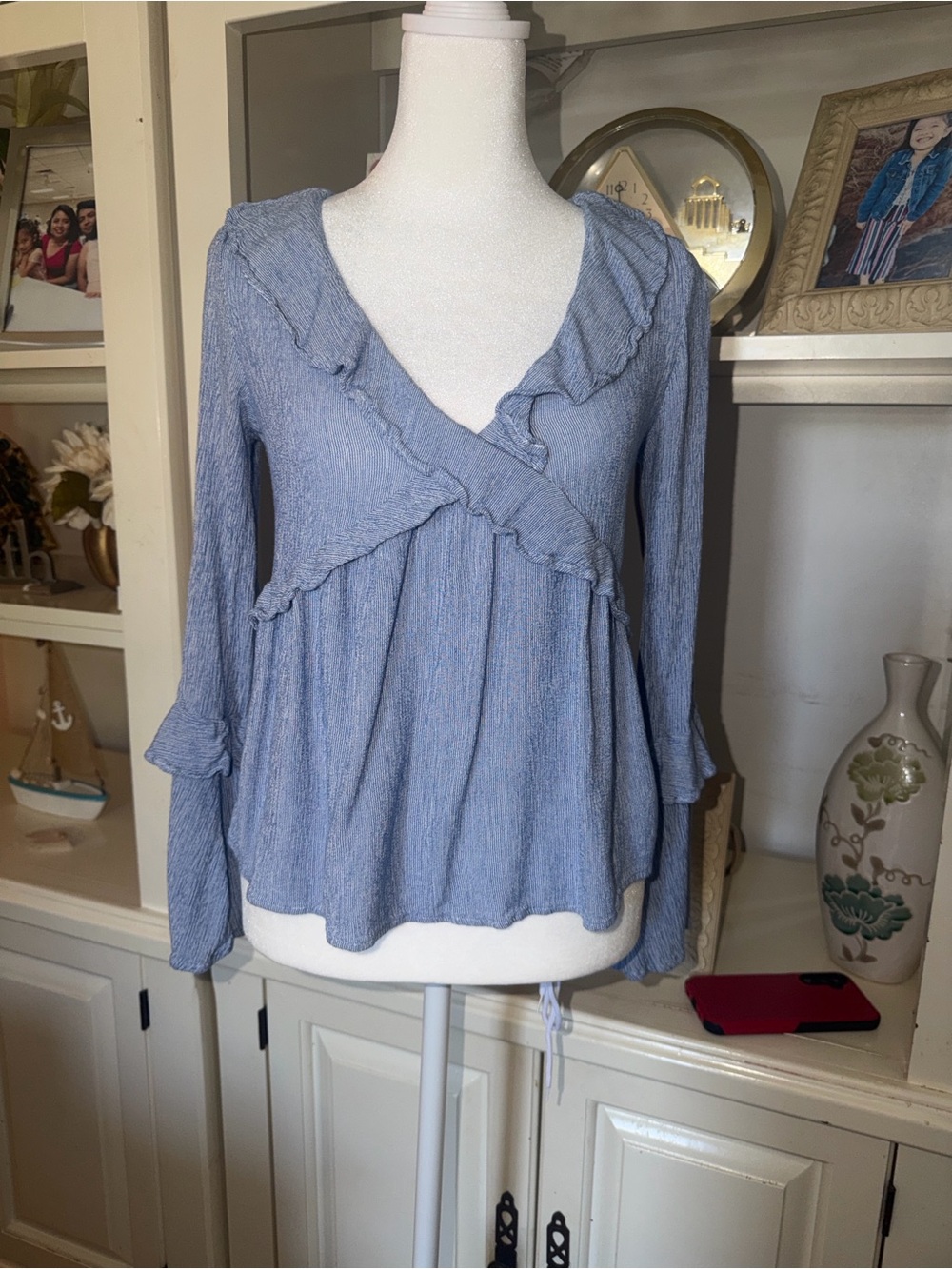 American Eagle Outfitters Light Blue Ruffled Wrap-Front Blouse